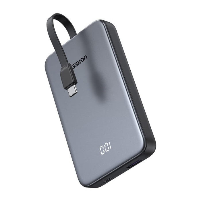 Powerbank 10000mAh Ugreen PB526 USB + USB-C, 20W, wbudowany kabel (szary)